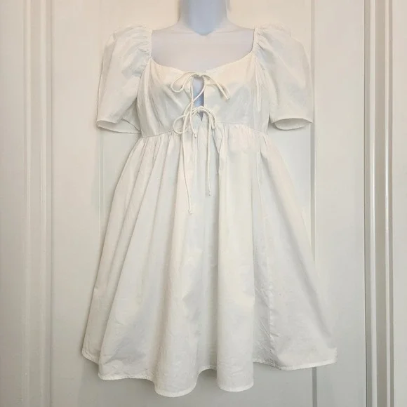 Abercrombie & Fitch White Puff Sleeve Tie  Babydoll Dress S Cottagecore Fairy - Picture 2 of 10